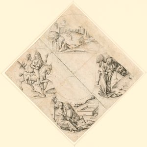Dessin pour un quadrilobe avec un château, deux amants, une jeune fille tentée par un fou, un couple assis près d
