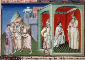 Jean de Mandeville et le Sultan. Controverse entre chrétiens et musulmans représentée par Jean de Mandeville, explorateur de Liège (1300-1372) et le Sultan des Sarrasins. Miniature dans "Le Livre des Merveilles du Monde" Ms. 2810 Folio 175v. Manuscrit - Master of the Mazarine