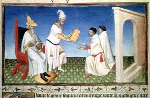 Marco et Mattia Polo recevant des dons de Kubilay Khan, - Miniature tirée du « Livre des Merveilles » (« Devisement du Monde », « Il Milione ») par Marco Polo (1254-1324) enluminée par le Maître de Mazarine, vers 1410-1412 - Master of the Mazarine
