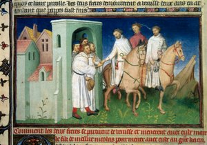 Matteo et Niccolo, les frères Polo quittant Venise. Miniature tirée du Livre des Merveilles par Marco Polo (1254-1324) enluminée par le Maître de Mazarine, vers 1410-1412. BN, Paris - Master of the Mazarine