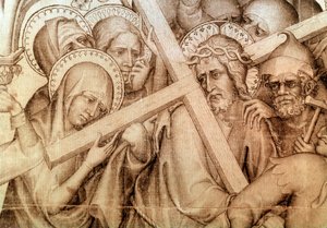 Le parement de Narbonne : le Christ portant sa croix (grisaille sur soie)