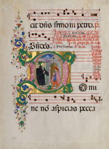 Feuille de manuscrit avec Saint Benoît ressuscitant un garçon dans une initiale D, d