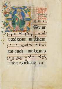 Feuille de manuscrit avec la fête de Saint André dans une initiale M ..., seconde moitié du XVe siècle