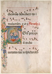 Feuille de manuscrit avec la Trinité dans une initiale T, d