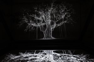 Albion, 2017 (projecteur, lecteur multimédia, échafaudage, film transparent, bois, peinture, miroir, accessoires d