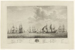 Flotte de guerre néerlandaise devant Rammekens, 1782-1783 Vue des navires de guerre du pays, sous le commandement du contre-amiral Van Kruyne, en rade de Rammekens, en 1782 et 1783
