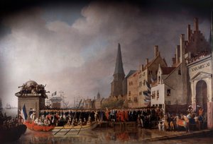 Entrée de Napoléon Bonaparte (1769-1821) et Joséphine de Beauharnais (1763-1814) à Anvers le 18/07/1803. Peinture par Mathieu Ignace Van Bree (1773-1839)
