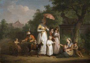 Une famille noble distribue des aumônes dans un parc