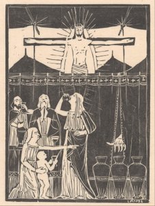 Personnes buvant près du Christ crucifié