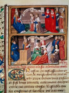 Représentation du Concile de Clermont en 1095 présidé par le pape Urbain II prêchant la première croisade. Miniature tirée du manuscrit « Speculum historiale » (Le Miroir historial) de Vincent de Beauvais - Maître François
