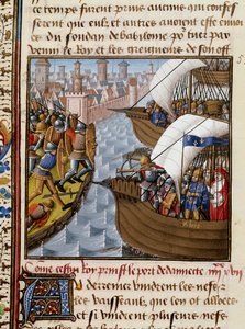 Septième croisade : Roi Saint Louis (1214-1270) et les croisés assiégeant Damiette en juin 1249 en Basse-Égypte. Miniature tirée du manuscrit « Speculum historiale » (Le Miroir historial) de Vincent de Beauvais (1184/94-1264) enluminée par le Maître - Maître François