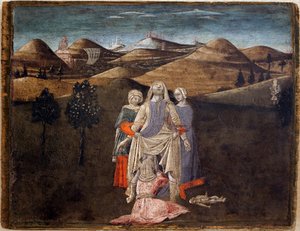 Légende de Romulus et Remus : la naissance de Rhéa Silvia. Peinture par Matteo di Giovanni (1430-1495), détrempe sur bois, 27,9 x 35,7 cm. Art italien du XVe siècle. Musée des Beaux-Arts de Libourne
