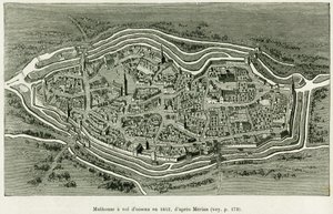 Mulhouse en 1642. Gravure de Matthaus Merian (1593-1650) pour illustrer le récit À travers l