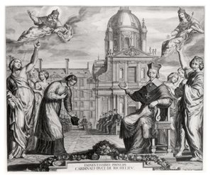Robert de Sorbon (1201-94) et le cardinal Richelieu (1575-1642) devant la Sorbonne, gravé par Grégoire Huret (1606-70) 1639