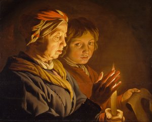 Vieille femme et un garçon à la lumière d