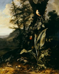 Un sol forestier avec un crapaud et un lézard, un bouvreuil sur une branche de lierre au-dessus, et une montagne au-delà - Matthias Withoos