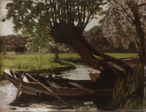 Bateau avec un saule têtard