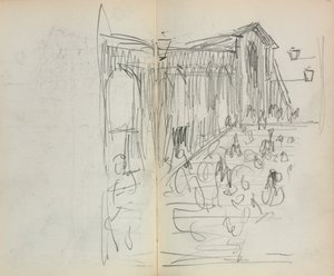 Carnet de croquis italien : Pont avec figures, pages 95 et 96, 1898-1899