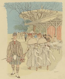Un Écossais en costume traditionnel des Highlands parmi les gens de Cannes, France