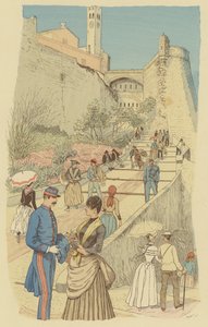 Personnes marchant sur le Grand Escalier du Palais Royal, Monaco (lithographie en couleur)