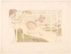 Fille endormie reçoit une couronne de fleurs (Allégorie) (Série: Représentations de l