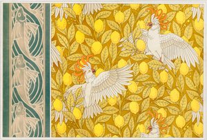 Conception pour papier peint Cockatoos avec citrons et bordure de papier peint avec poissons volants