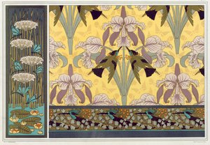 Conception pour bordure de papier peint, tissu et panneau : "Libellules; Nénuphars et Joncs fleuris", Colibris et Orchidées" et Colibris et Fougère Maiden Hair" de 