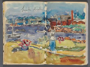 Sketchbook- The Granite Shore Hotel, Rockport, page 084  85 : Vue du port avec des annotations en couleur