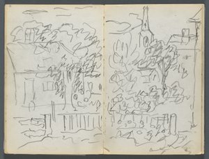 Carnet de croquis, The Dells, N° 127, page 084  85 : Paysage avec maisons et flèche