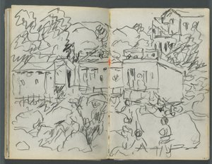 Sketchbook, The Dells, N° 127, page 146  147 : Paysage avec personnages et bâtiments - Maurice Prendergast