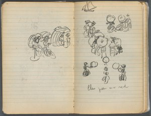 Carnet de croquis, page 110 111 : Étude pour des figures sur une plage