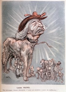 Caricature de Louise Michel en chien « race terre-neuve, sans récompense, a passé son existence à sauver les malheureux »