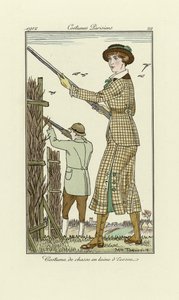 Conception pour un costume de tir en tweed pour dames, tiré de Costumes Parisien, pub.1912 (pochoir) - Maurice Taquoy