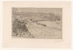 Paysage avec maisons et eau avec bateaux à voile amarrés