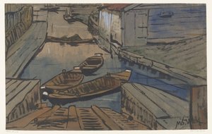 Petits bateaux dans un fossé entre des granges