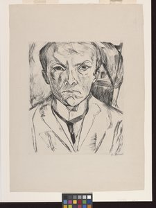 Autoportrait frontal avec pignon de maison en arrière-plan - Max Beckmann