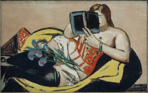 Femme couchée avec livre et iris