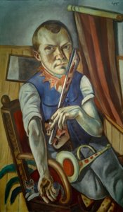 Autoportrait avec bâton et trompette (Autoportrait en clown)
