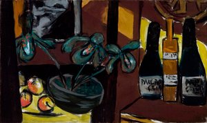 Nature morte sur brun et jaune (bouteilles de champagne et orchidées)