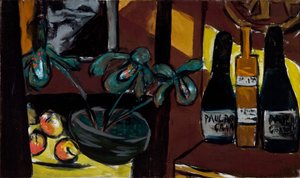 Nature morte sur fond brun et jaune (bouteilles de champagne et orchidées) - Max Beckmann
