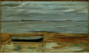 Plage avec barque grise et mer grise - Max Beckmann