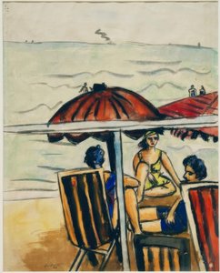 Scène de plage avec parasols