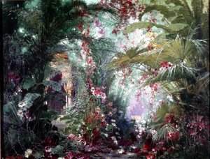 Décor pour le spectacle « Parsifal » de Richard Wagner : le jardin de Klingsor. Scénographie de Bruckner 1882. Musée Wagner, Bayreuth. - Max Bruckner