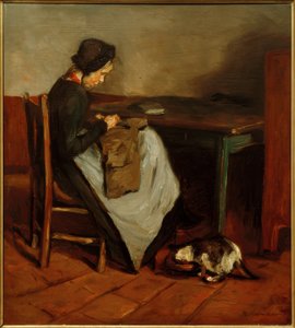 Fille cousant avec un chat - Intérieur hollandais - Max Liebermann
