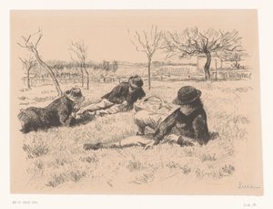 Trois hommes se reposant dans un pré - Maximilien Luce (signed by artist)