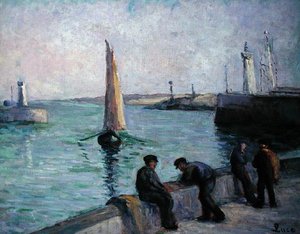 Pêcheurs dans un port, vers 1920