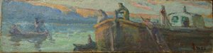 Paysage fluvial avec barge et bateaux