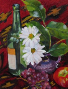 Fruits et marguerites en bouteille