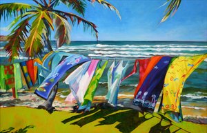 Une corde à linge colorée sur la plage