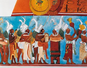 Reconstruction des fresques de Bonampak montrant une procession de musiciens